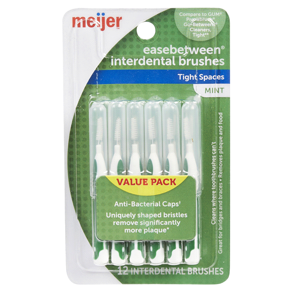 slide 1 of 1, Meijer Interdental Brushes With Anti-Bacterial Caps, Mint, 12 ct