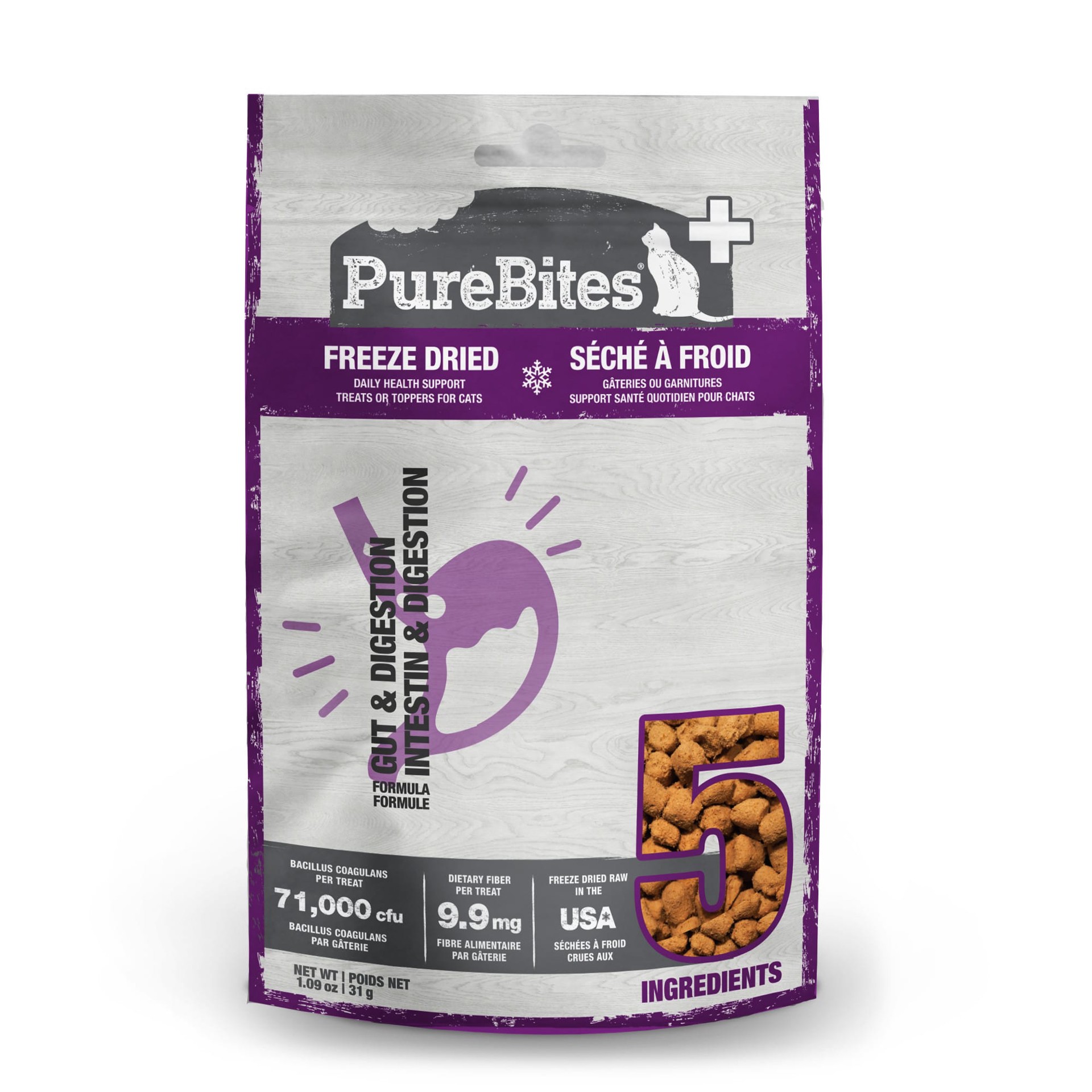 slide 1 of 5, PureBites+ Freeze Dried Cat Treats 1.09oz | Gut & Digestion | 5 Ingredients | Made in USA, 31 g