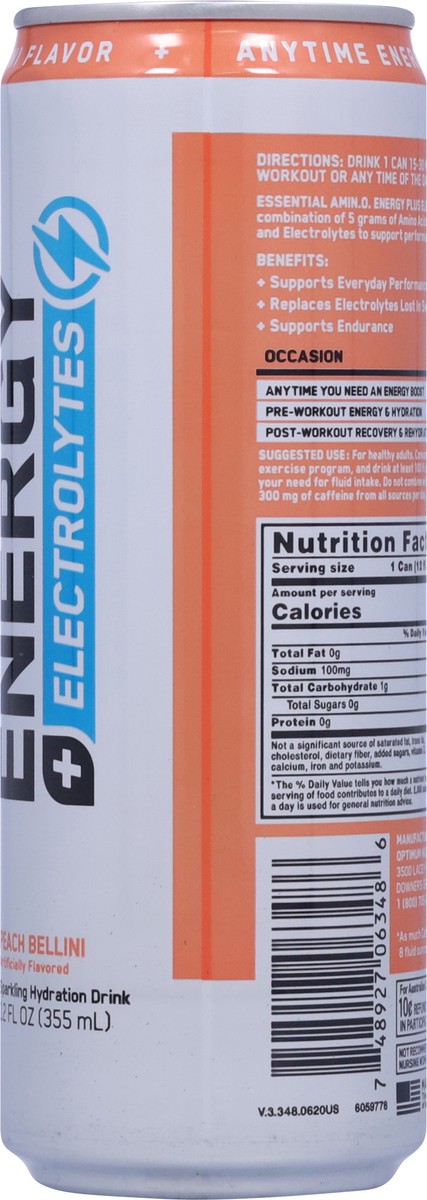 slide 10 of 13, Optimum Nutrition Essential Amin.O. Energy Energy + Hydration Peach Bellini Sparkling Hydration Drink 12 fl oz, 12 fl oz