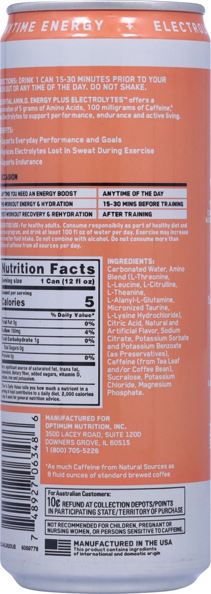 slide 9 of 13, Optimum Nutrition Essential Amin.O. Energy Energy + Hydration Peach Bellini Sparkling Hydration Drink 12 fl oz, 12 fl oz