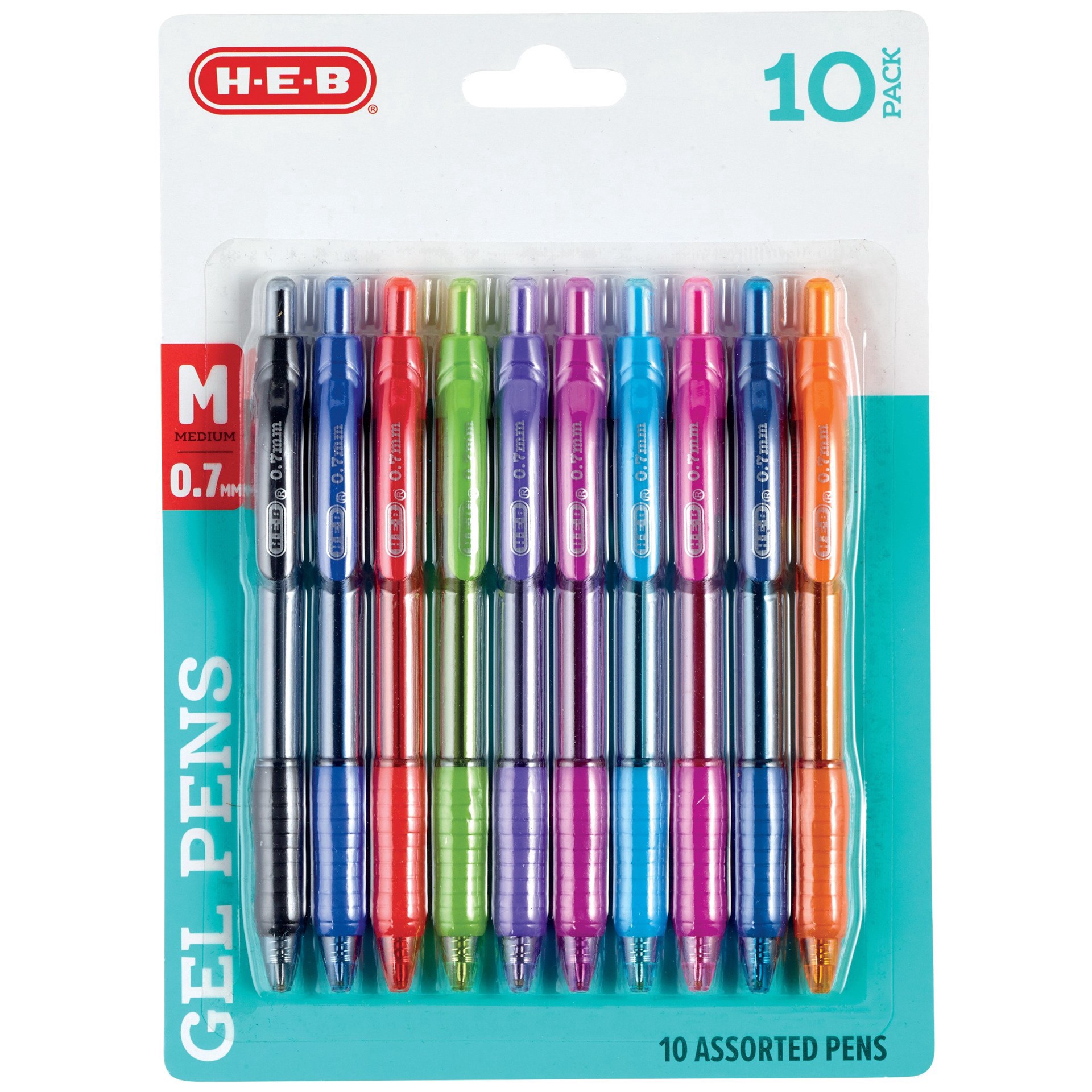 slide 1 of 1, H-E-B 0.7mm Retractable Gel Pens - Assorted Ink, 10 ct