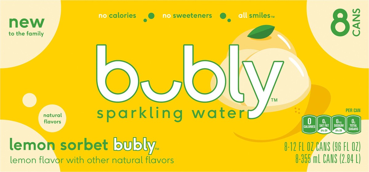 slide 7 of 10, bubly Sparkling Water Lemon Sorbet , Pack of 8 - 8 ct, 8 ct