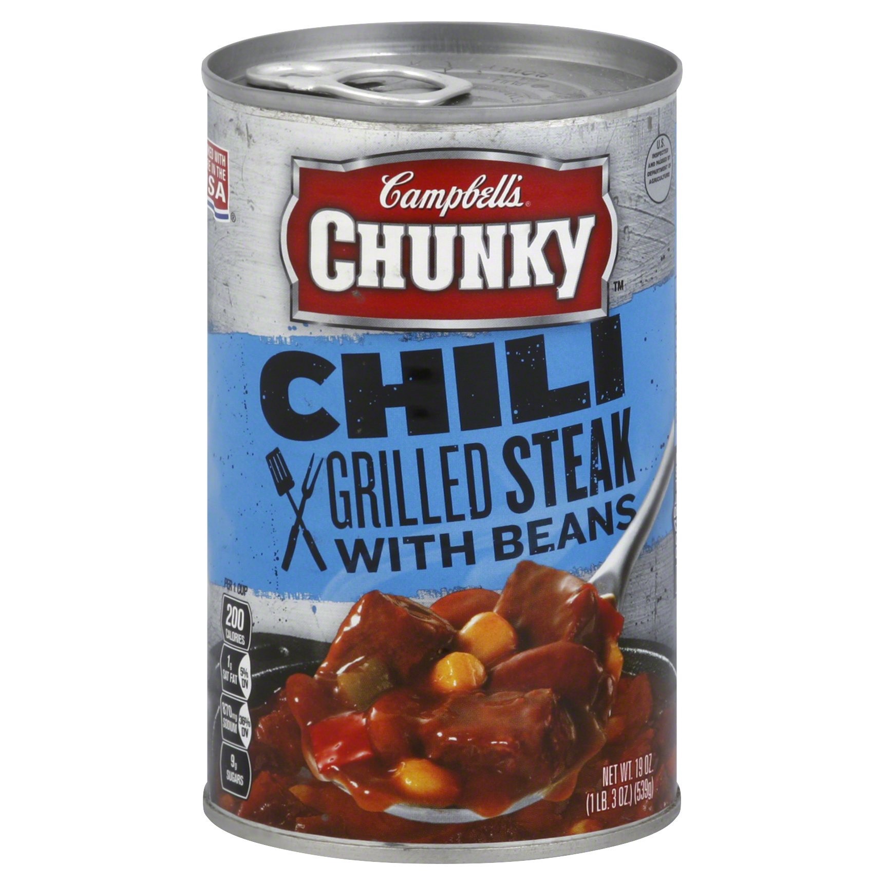 slide 1 of 8, Campbell's Chunky Grilled Steak With Beans Chili, 19 oz