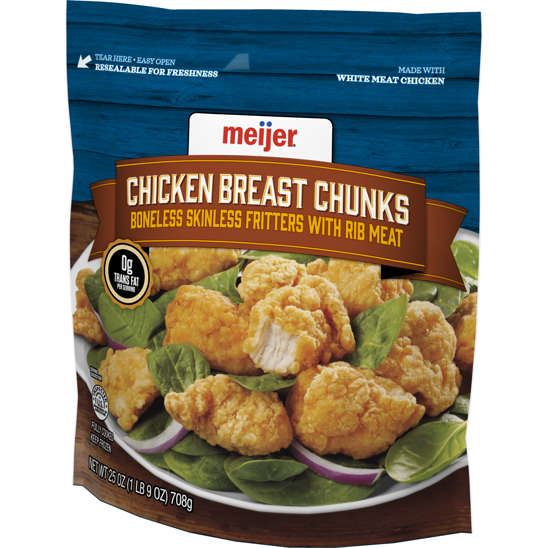 slide 5 of 5, MEIJER Fully Cooked Boneless Skinless Chicken Breast Chunk Fritters w/ Rib Meat, 708.74 g