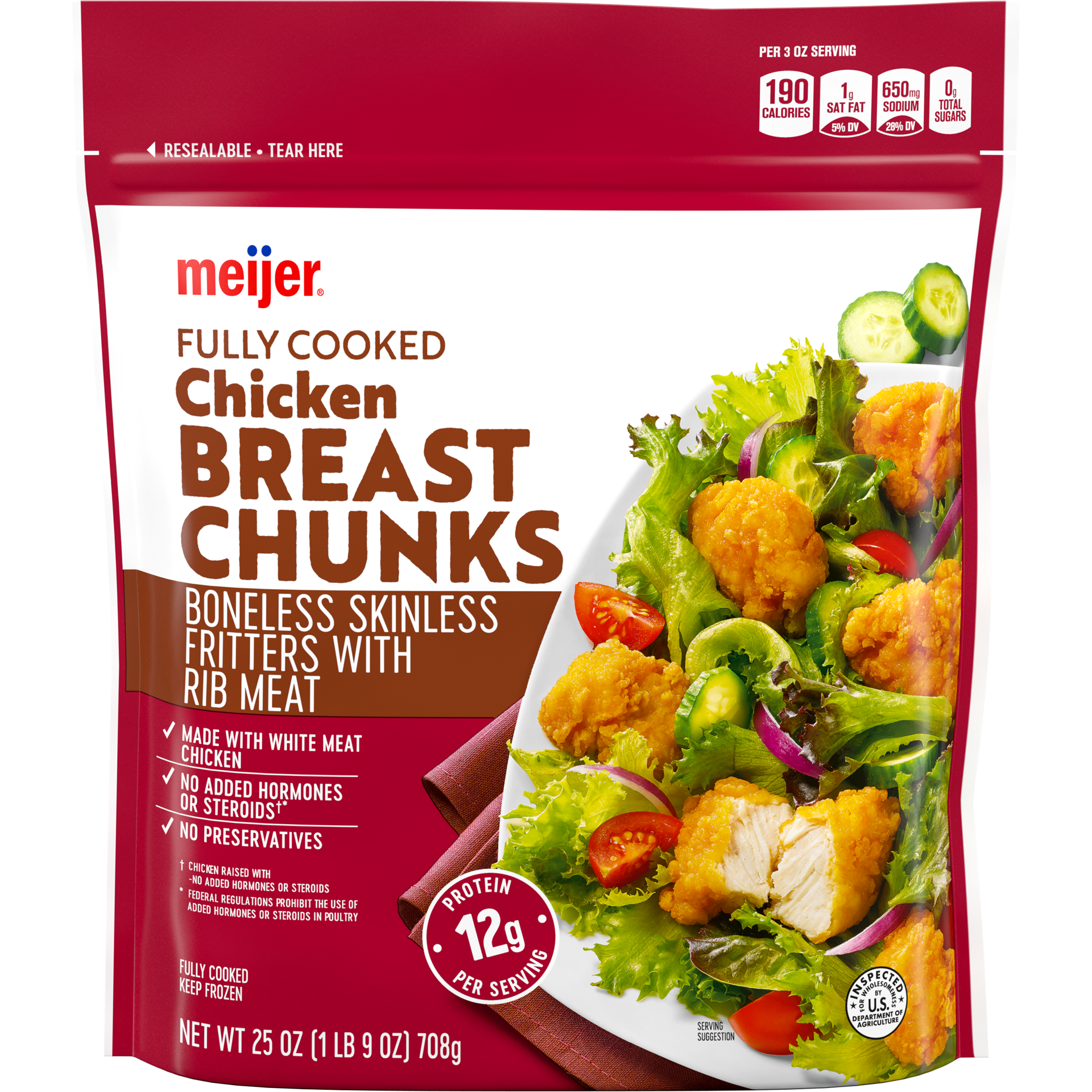 slide 1 of 5, MEIJER Fully Cooked Boneless Skinless Chicken Breast Chunk Fritters w/ Rib Meat, 708.74 g