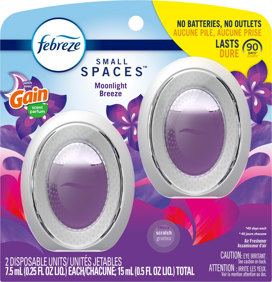 slide 6 of 7, Febreze Small Spaces Air Freshener, Odor-Fighting, Plug In Alternative, Air Fresheners for Home and Bathroom and Kitchen, Closet Air Fresheners, Gain Moonlight Breeze Scent, 2 Count, 0.5 oz, 2 ct