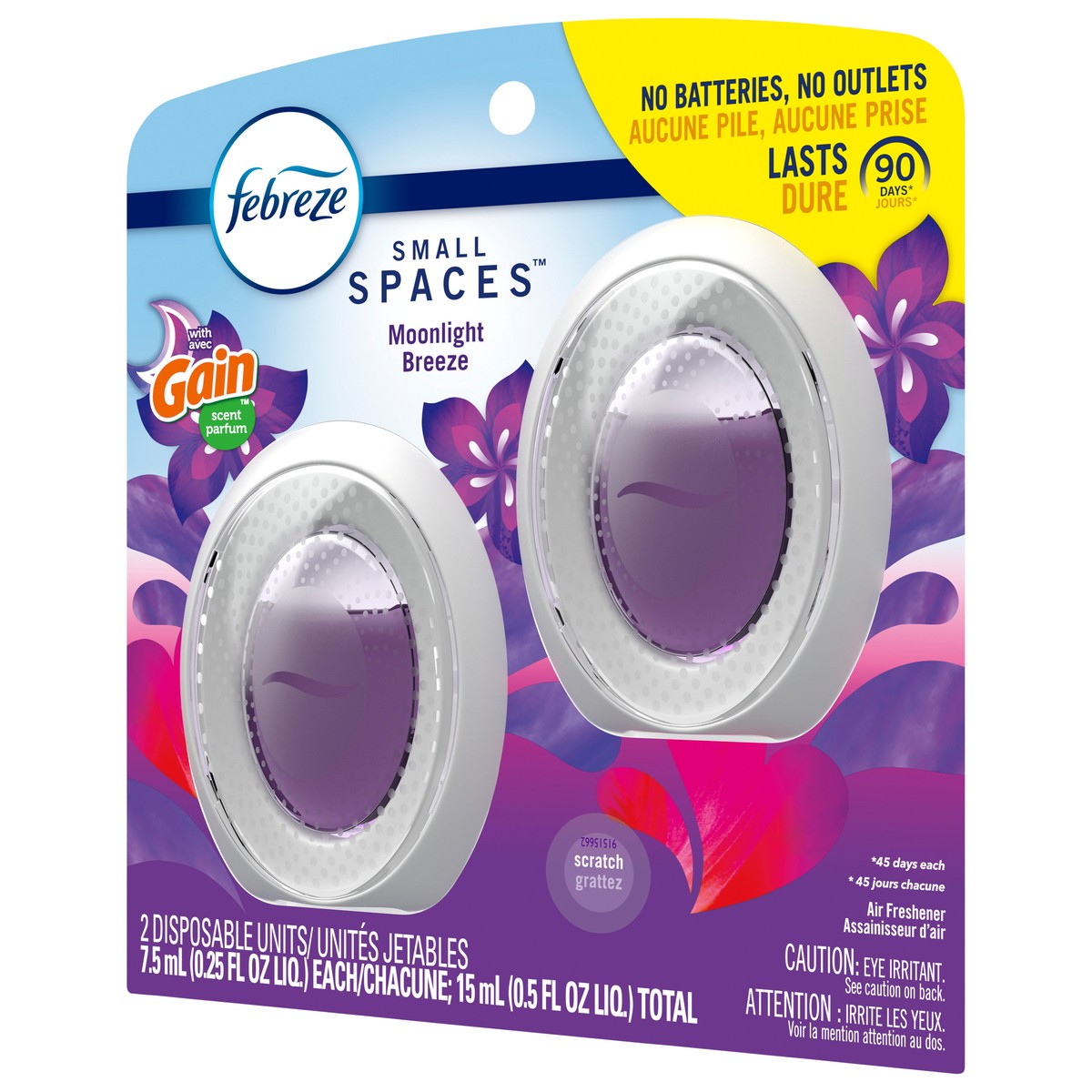 slide 4 of 7, Febreze Small Spaces Air Freshener, Odor-Fighting, Plug In Alternative, Air Fresheners for Home and Bathroom and Kitchen, Closet Air Fresheners, Gain Moonlight Breeze Scent, 2 Count, 0.5 oz, 2 ct