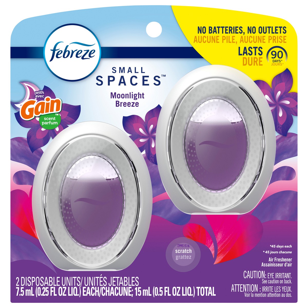 slide 2 of 7, Febreze Small Spaces Air Freshener, Odor-Fighting, Plug In Alternative, Air Fresheners for Home and Bathroom and Kitchen, Closet Air Fresheners, Gain Moonlight Breeze Scent, 2 Count, 0.5 oz, 2 ct