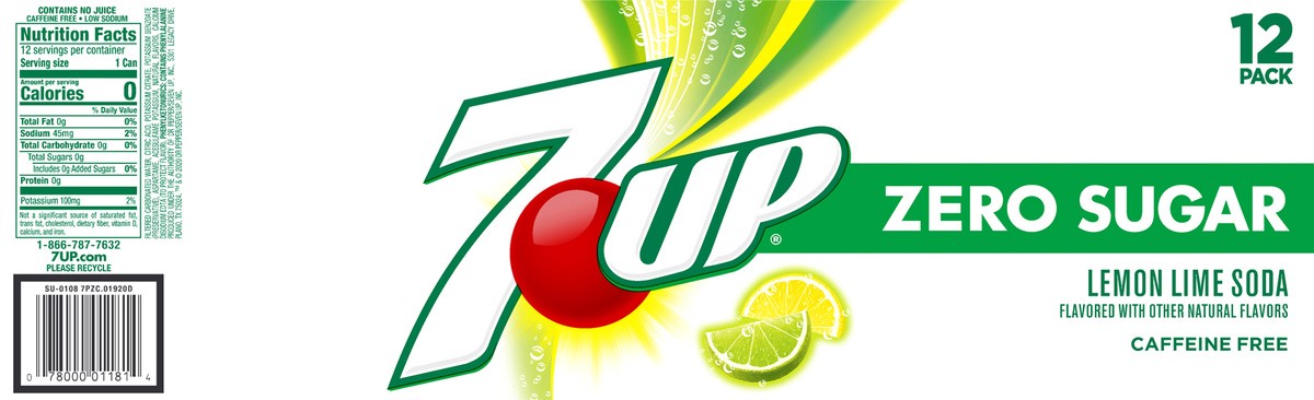 slide 2 of 7, 7UP Zero Sugar Lemon Lime Soda, 12 fl oz cans, 12 pack, 12 ct; 12 fl oz