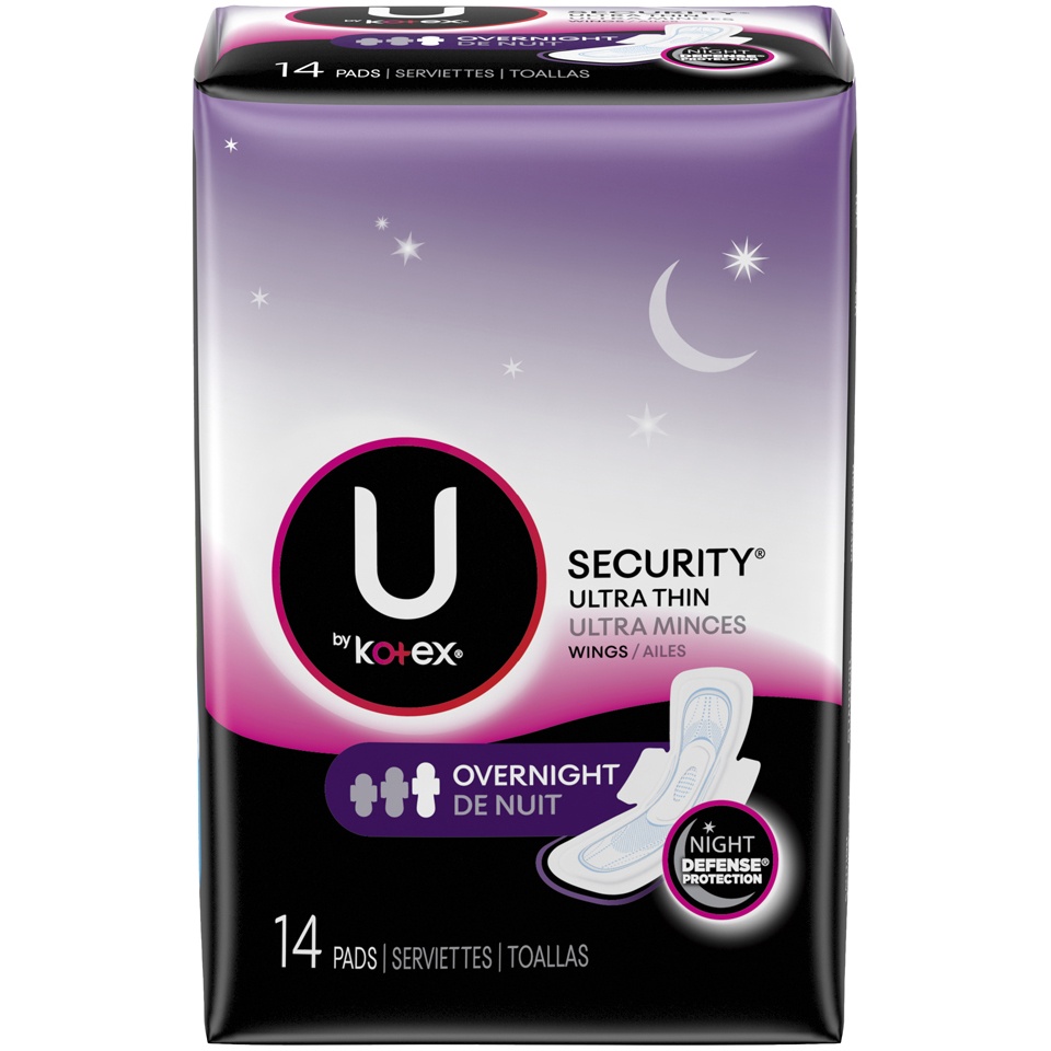 slide 1 of 3, U By Kotex Security Overnight Unscented Ultra Thin Pads With Wings, 14 ct
