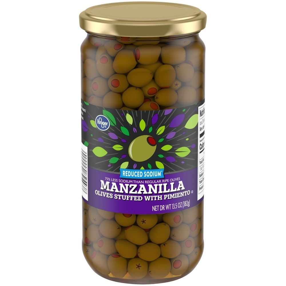 slide 1 of 1, Kroger Manzanilla Olives Stuffed With Pimiento - Reduced Sodium, 13.5 oz