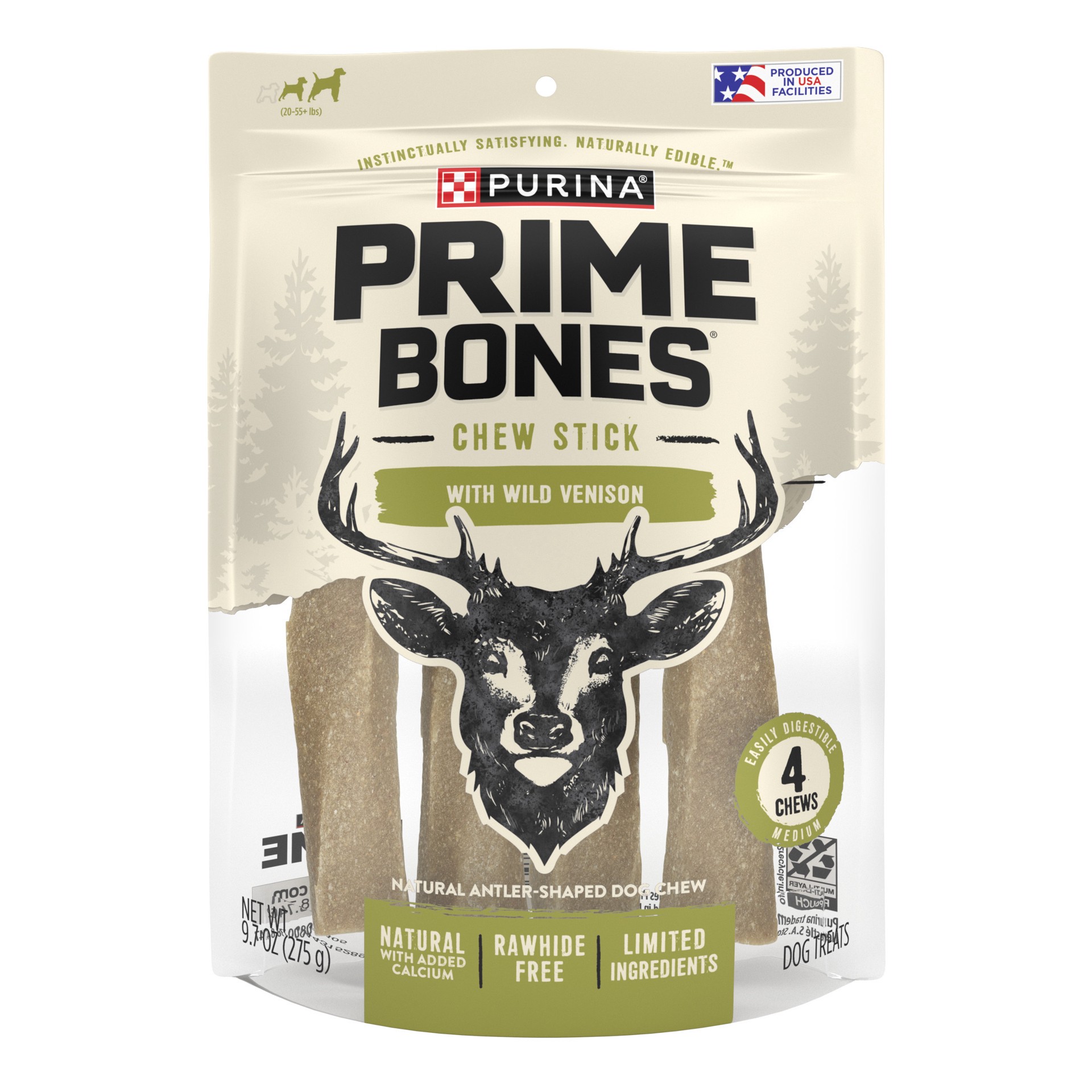 slide 1 of 9, Prime Purina Prime Bones Made in USA Facilities Limited Ingredient Medium Dog Treats, Chew Stick With Wild Venison, 4 ct; 9.7 oz