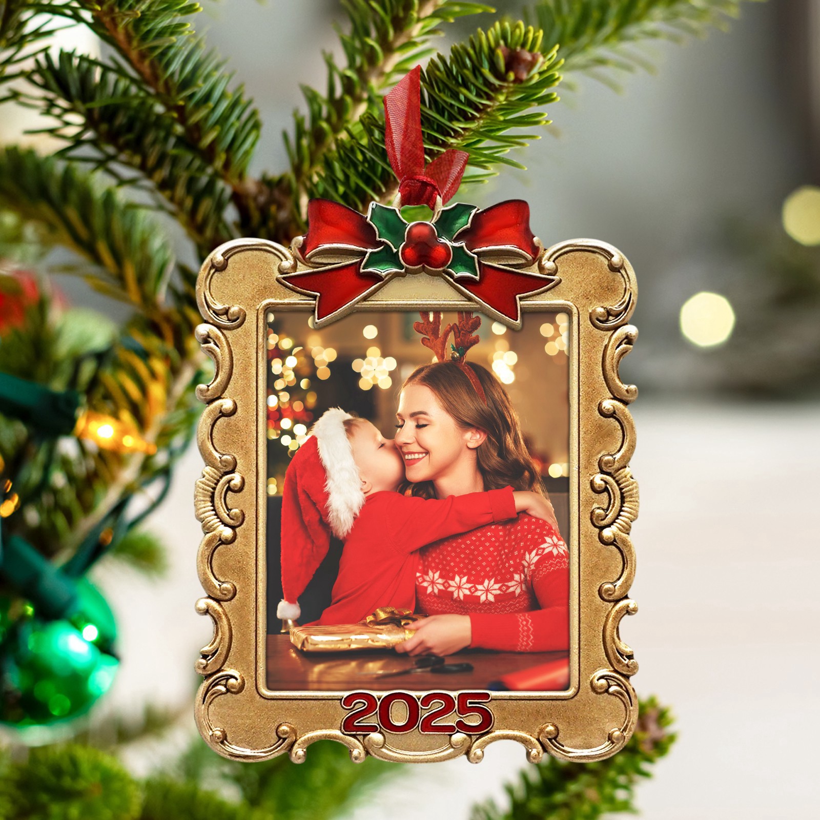 slide 2 of 3, 2" X 2.5" Gold With Holly & Bow Ornate Metal Ornament Frame By Studio Decor, 2 in x 2.5 in