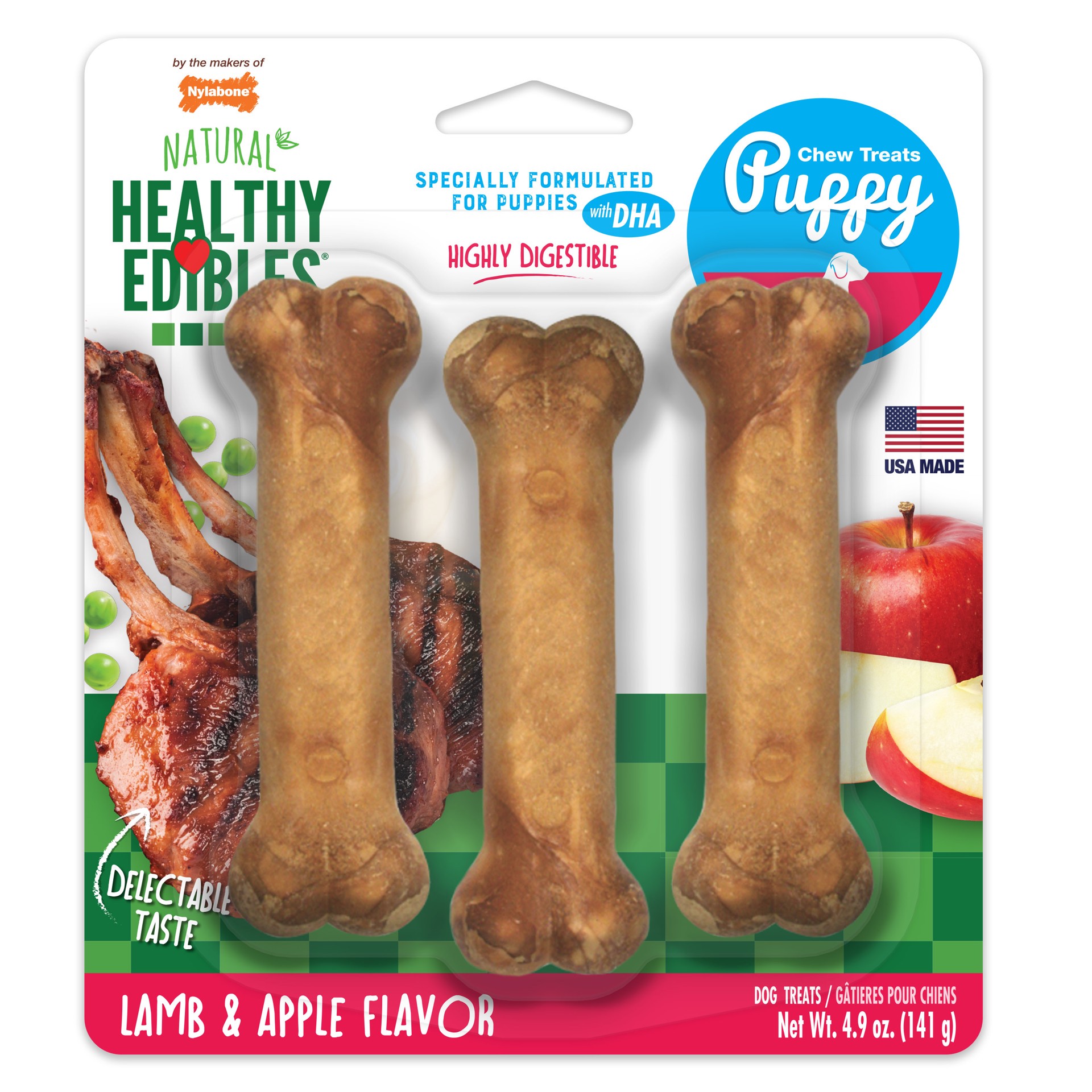 slide 1 of 10, Nylabone Healthy Edibles Puppy Animal-Shaped Lamb & Apple Dog Chew Treats Small/Regular - Up to 25 Ibs.(3 Count), 3 ct