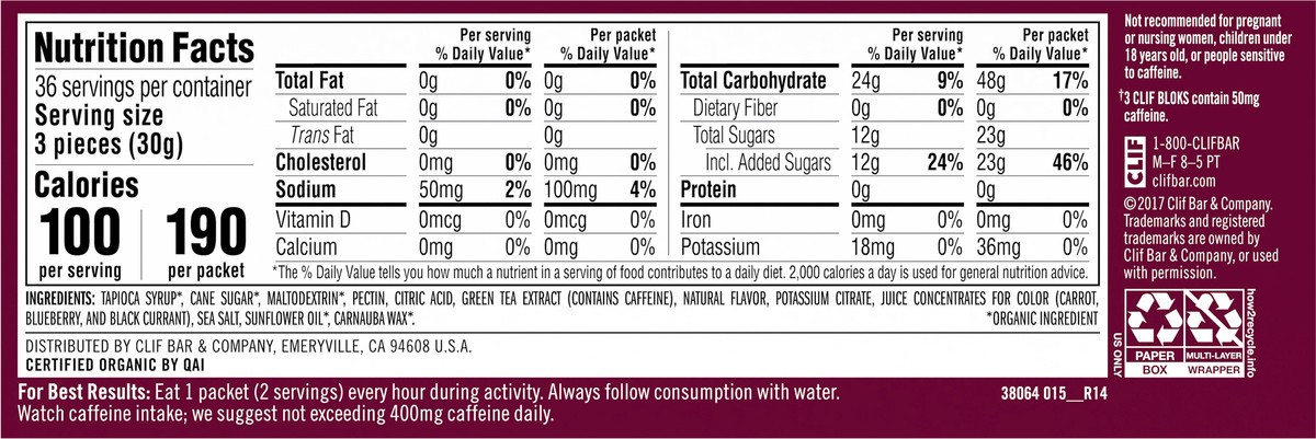 slide 11 of 12, CLIF BLOKS - Black Cherry Flavor with Caffeine - Energy Chews - Non-GMO - Plant Based - Fast Fuel for Cycling and Running - Quick Carbohydrates and Electrolytes - 2.12 oz. (18 Count), 38.16 oz