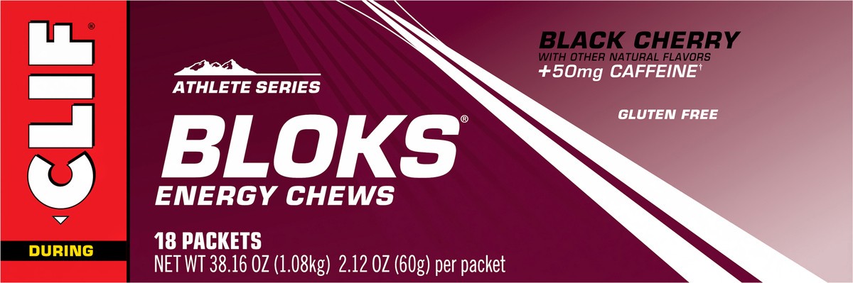 slide 12 of 12, CLIF BLOKS - Black Cherry Flavor with Caffeine - Energy Chews - Non-GMO - Plant Based - Fast Fuel for Cycling and Running - Quick Carbohydrates and Electrolytes - 2.12 oz. (18 Count), 38.16 oz