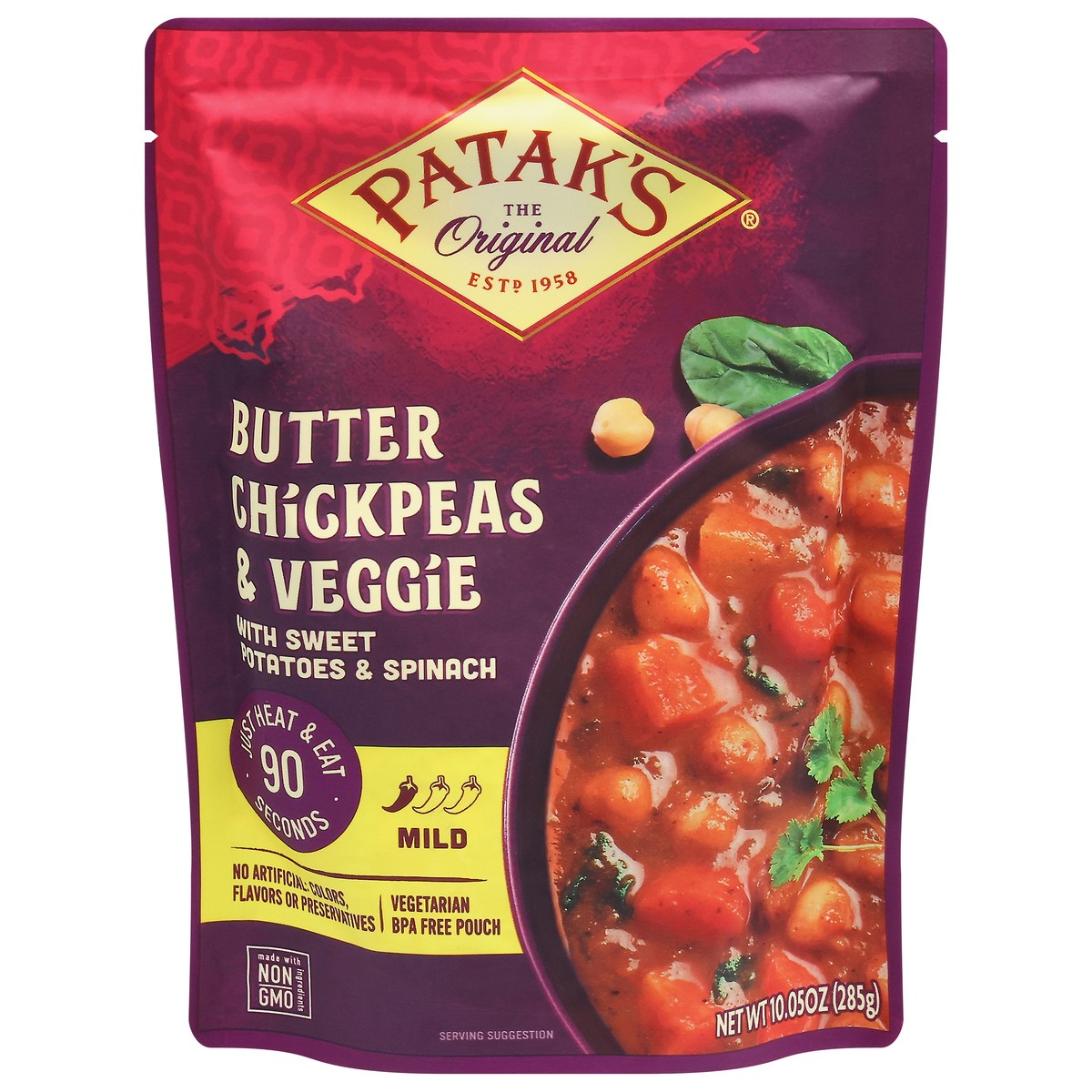 slide 1 of 9, Patak's Mild Butter Chickpeas & Veggie with Sweet Potatoes & Spinach 10.05 oz, 1 ct