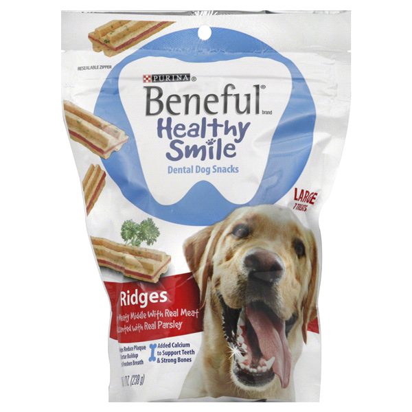 slide 1 of 3, Beneful Dental Dog Snacks Healthy Smiles Ridges Large Pouch, 8.4 oz