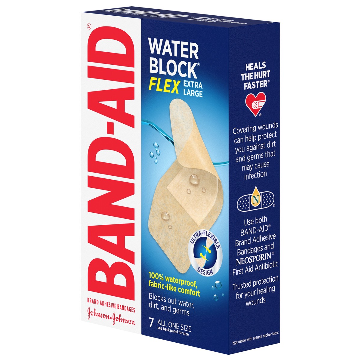 slide 7 of 8, BAND-AID Water Block Flex 100% Waterproof Adhesive Bandages for First-Aid Wound Care of Minor Cuts, Scrapes & Wounds, Ultra-Flexible Design, Sterile, Extra Large, 7 ct, 7 ct