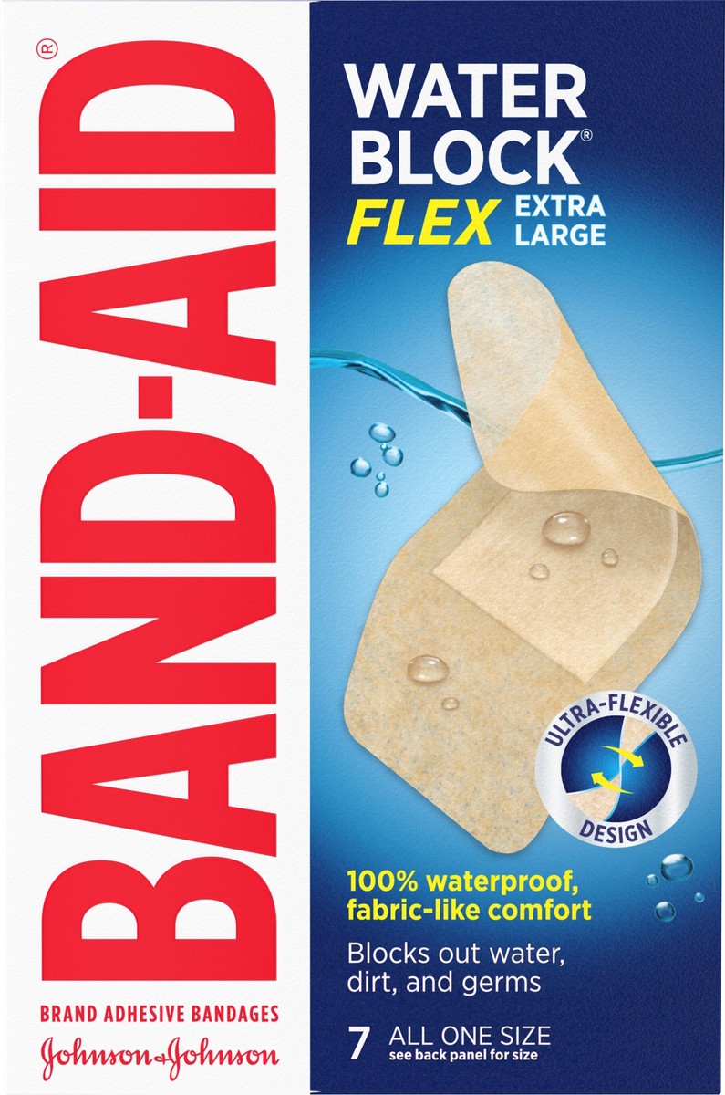 slide 5 of 8, BAND-AID Water Block Flex 100% Waterproof Adhesive Bandages for First-Aid Wound Care of Minor Cuts, Scrapes & Wounds, Ultra-Flexible Design, Sterile, Extra Large, 7 ct, 7 ct