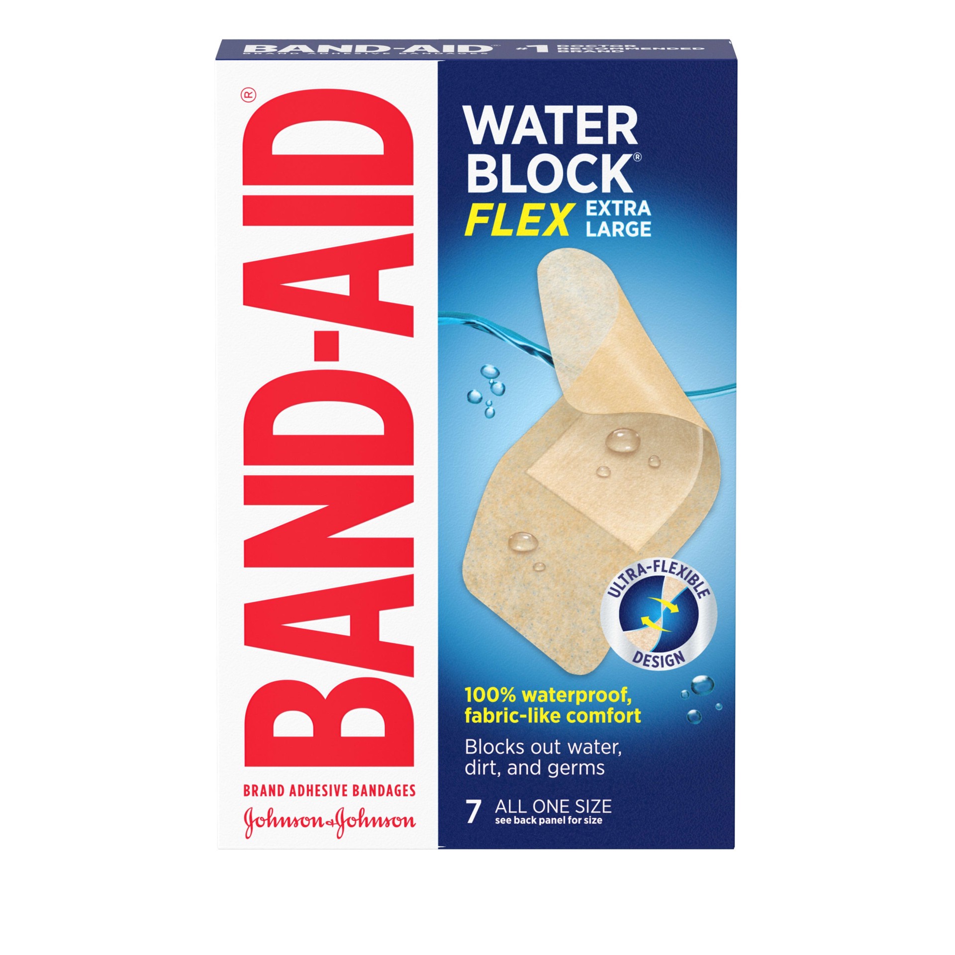 slide 1 of 8, BAND-AID Water Block Flex 100% Waterproof Adhesive Bandages for First-Aid Wound Care of Minor Cuts, Scrapes & Wounds, Ultra-Flexible Design, Sterile, Extra Large, 7 ct, 7 ct