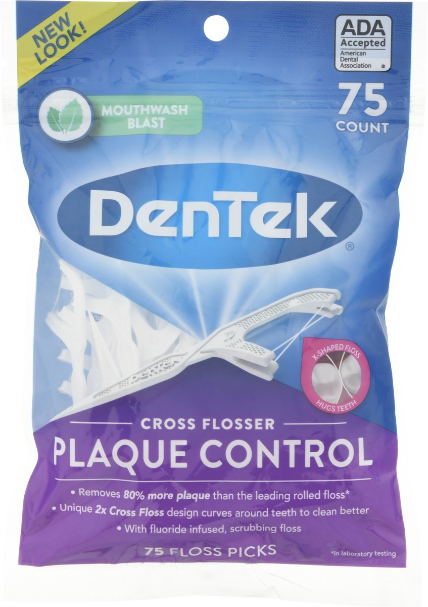 slide 5 of 9, DenTek Cross Flosser Plaque Control Floss Picks, X-Shaped Floss, 75 Count, 75 ct