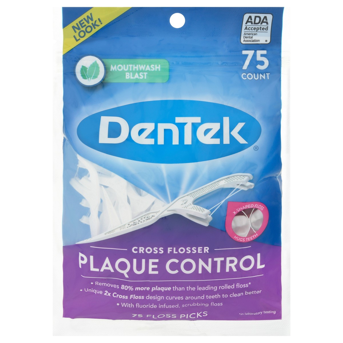 slide 1 of 9, DenTek Cross Flosser Plaque Control Floss Picks, X-Shaped Floss, 75 Count, 75 ct