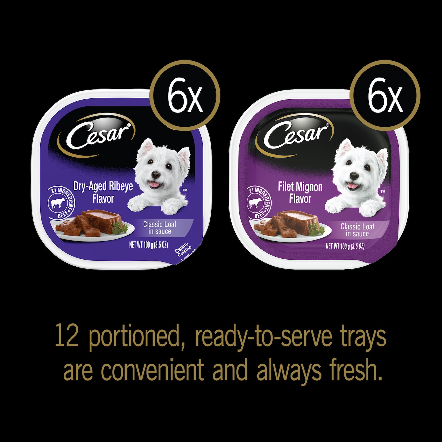 slide 6 of 7, Cesar Classic Loaf In Sauce Adult Soft Wet Dog Food Butcher’S Selects Variety Pack, Dry-Aged Ribeye Flavor And Filet Mignon Flavor, 3.5 oz