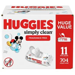Huggies Simply Clean Unscented Baby Wipes, 11 Flip-Top Packs (704 Wipes Total)