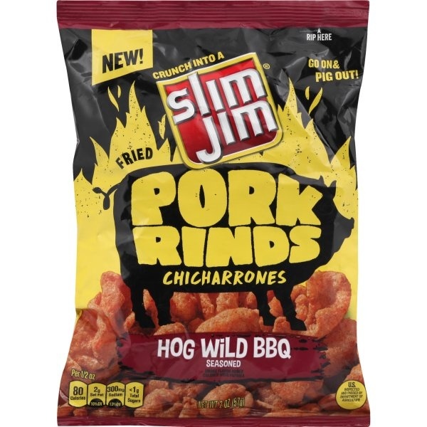 slide 1 of 1, Slim Jim BBQ Pork Rinds, 2 oz