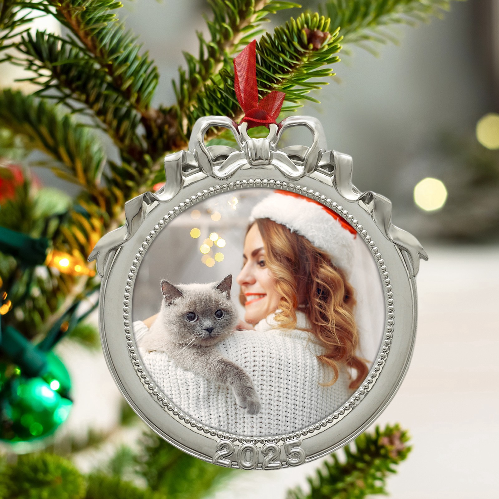 slide 3 of 3, 2.5" X 2.5" Silver Round Ribbon 2025 Metal Ornament Frame By Studio Decor, 2.5 in x 2.5 in