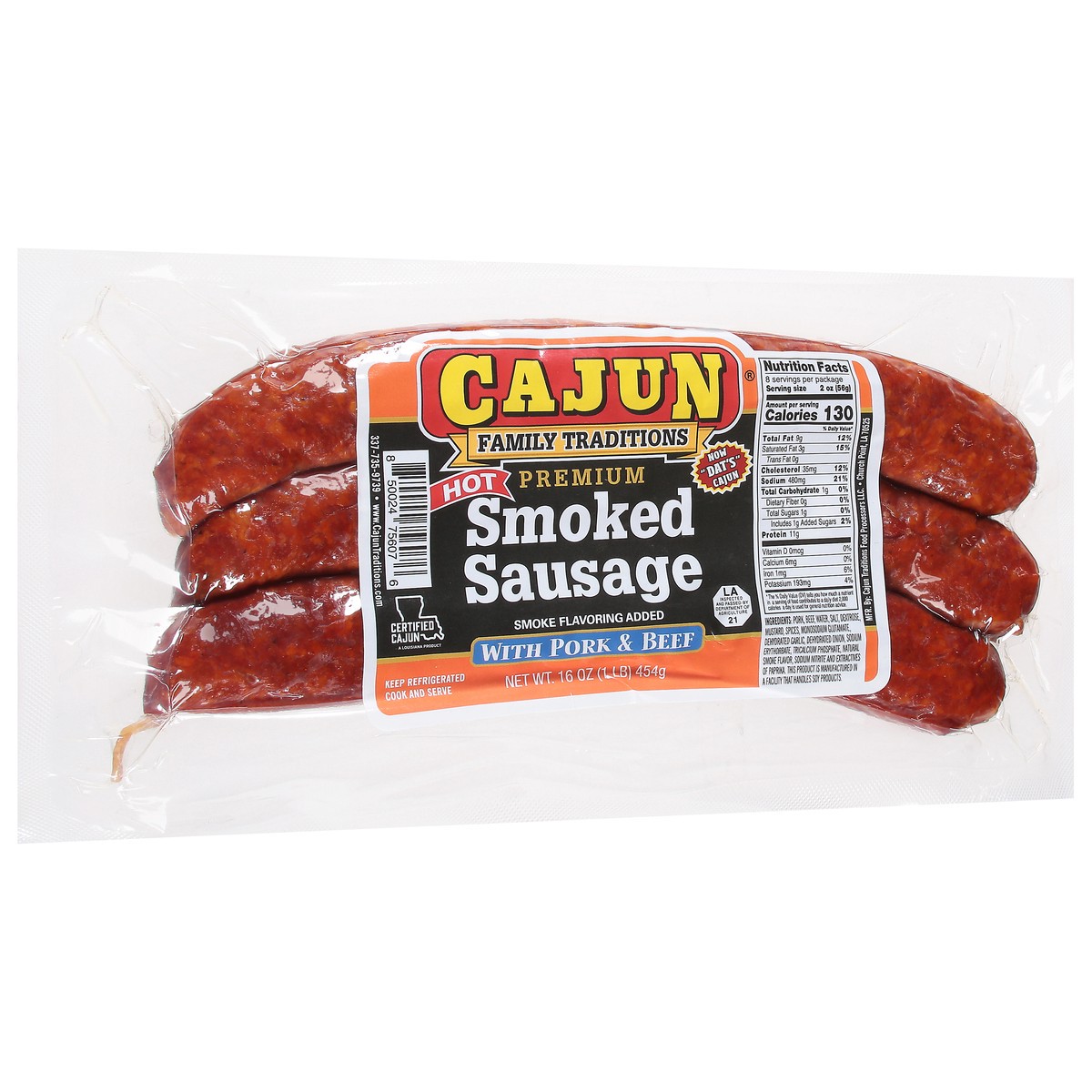 slide 2 of 9, Cajun Premium Smoked Hot Sausage with Pork & Beef 16 oz, 16 oz