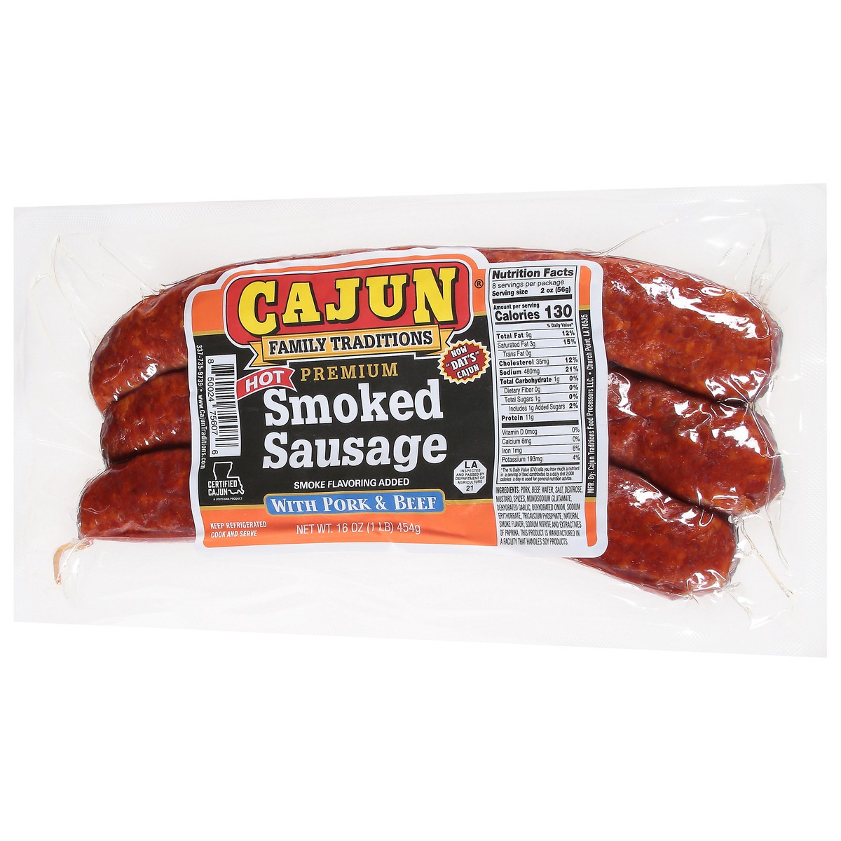 slide 5 of 9, Cajun Premium Smoked Hot Sausage with Pork & Beef 16 oz, 16 oz