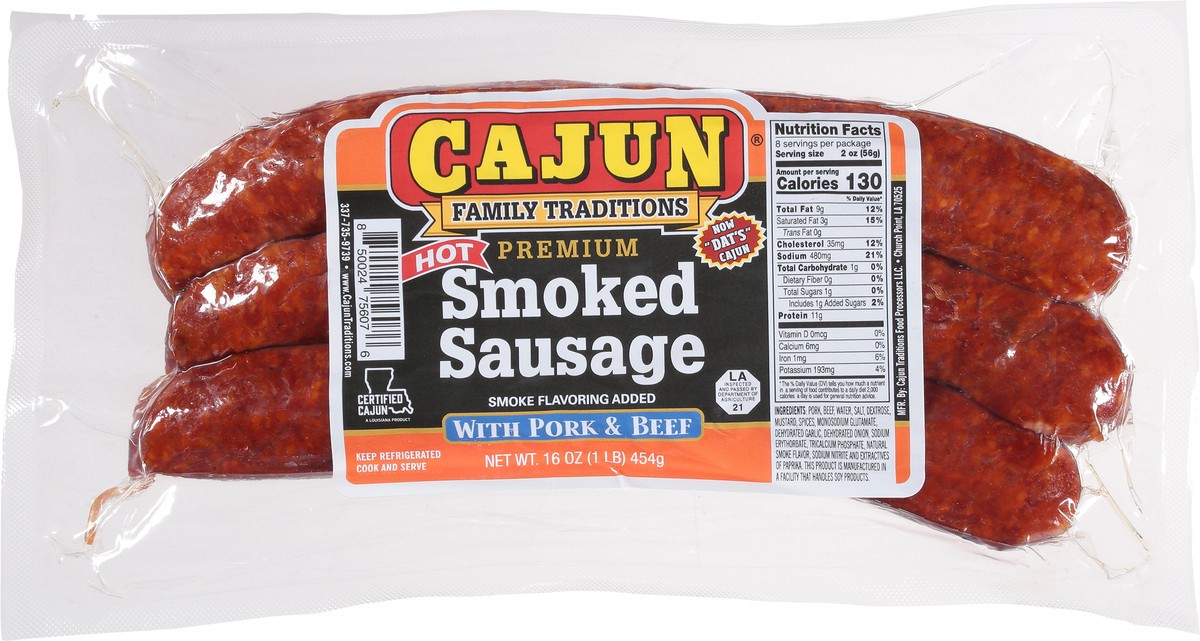 slide 4 of 9, Cajun Premium Smoked Hot Sausage with Pork & Beef 16 oz, 16 oz