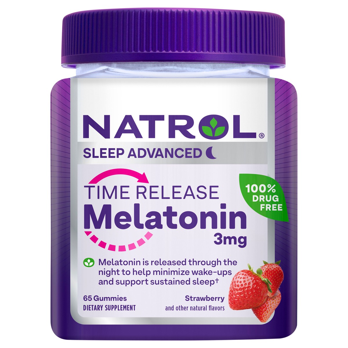 slide 5 of 8, Natrol Time Release Melatonin Gummies, Sleep Support for Adults, 3 mg Melatonin Supplements for Sleep Support, 65 Strawberry-Flavored Gummies, Up to a 65 Day Supply, 65 ct
