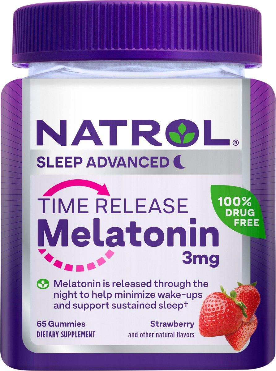 slide 4 of 8, Natrol Time Release Melatonin Gummies, Sleep Support for Adults, 3 mg Melatonin Supplements for Sleep Support, 65 Strawberry-Flavored Gummies, Up to a 65 Day Supply, 65 ct