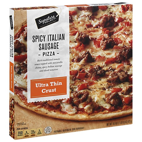 slide 1 of 1, Signature Select Pizza Ultra Thin Crust Spicy Italian Sausage Frozen, 16.6 oz