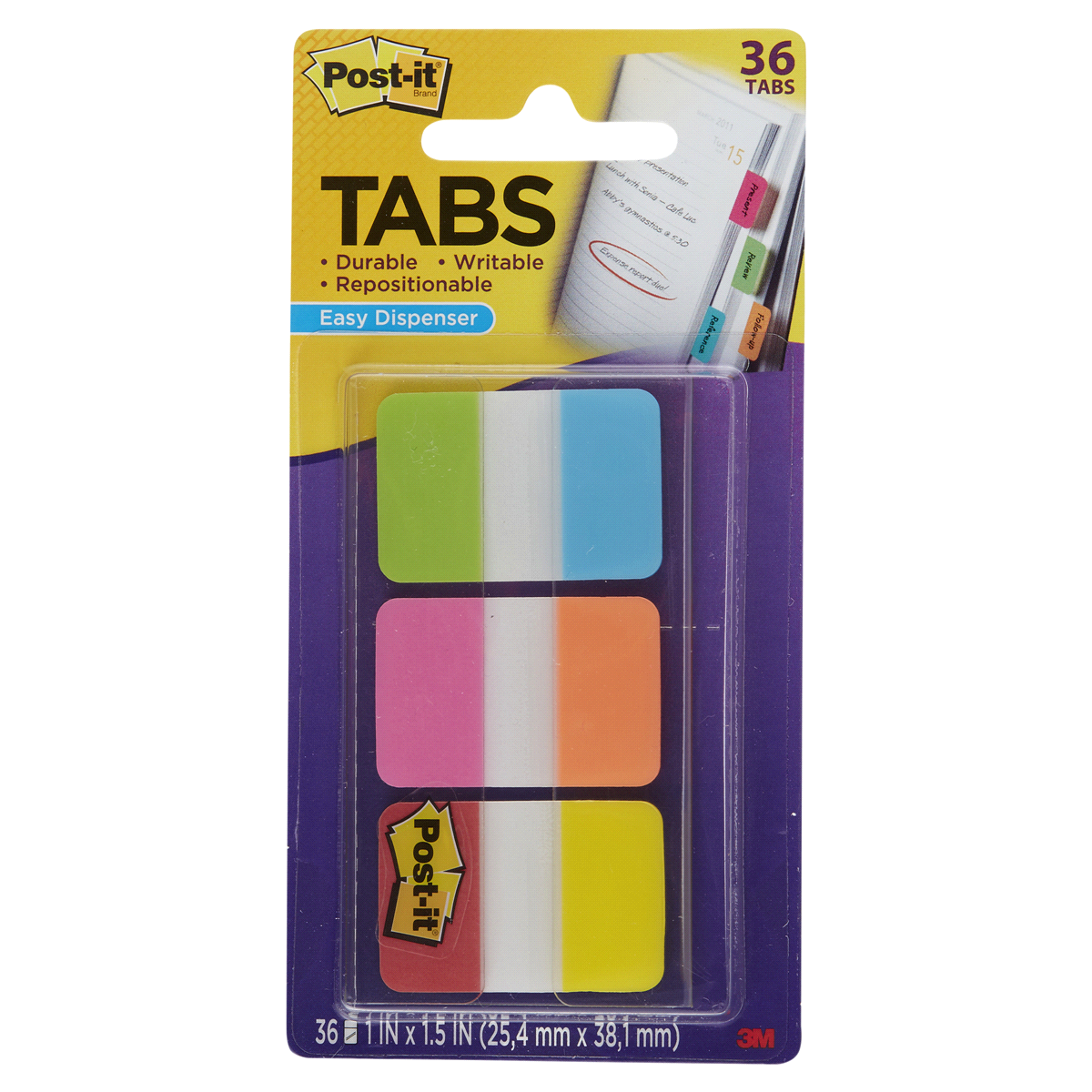 slide 1 of 1, 3M Post-it Tabs, 1 in. Solid, Aqua, Yellow, Pink, Red, Green, Orange, 6/Color, 36/Dispenser, 1 ct