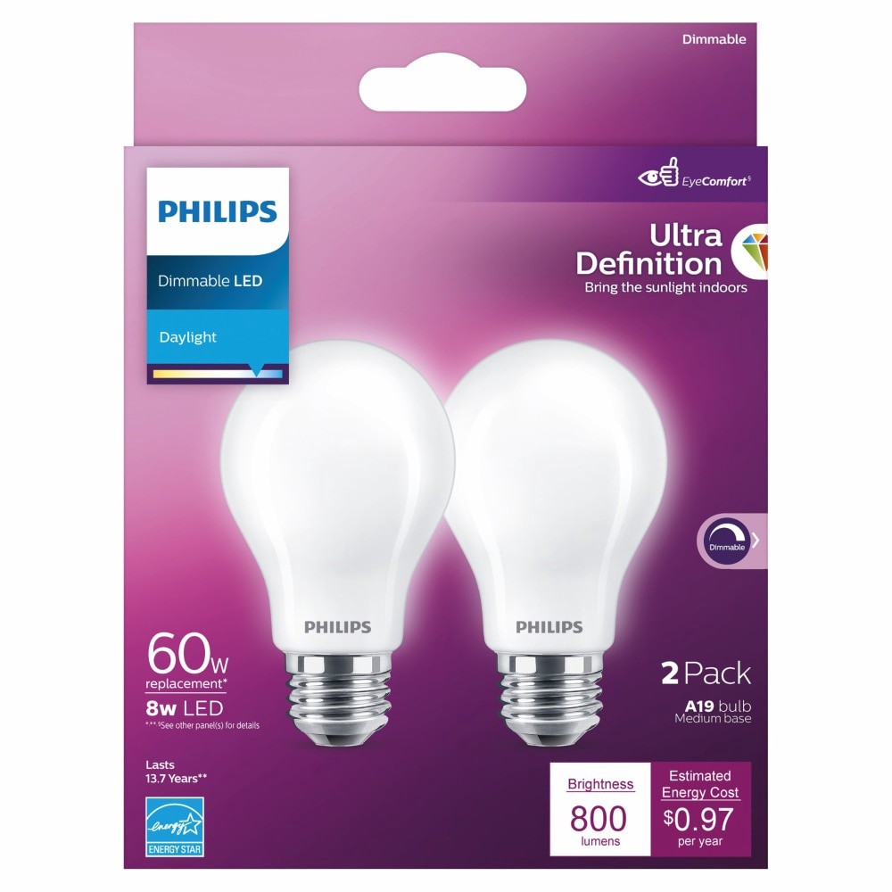 slide 1 of 6, Philips 8-Watt (40-Watt) A19 Led Dimmable Flicker Free Light Bulb - Daylight (5000K), 2 ct
