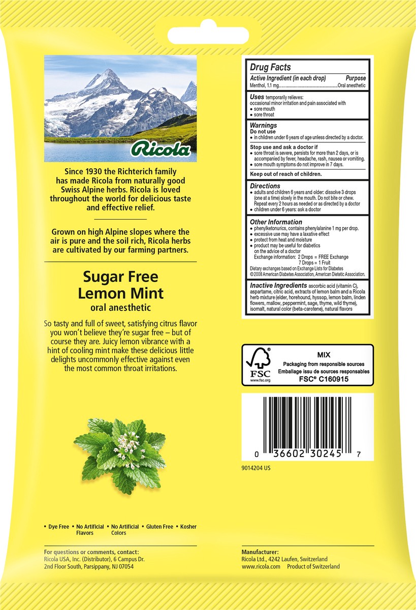slide 3 of 3, Ricola Cough Drops - Sugar Free Lemon Mint - 45ct, 45 ct