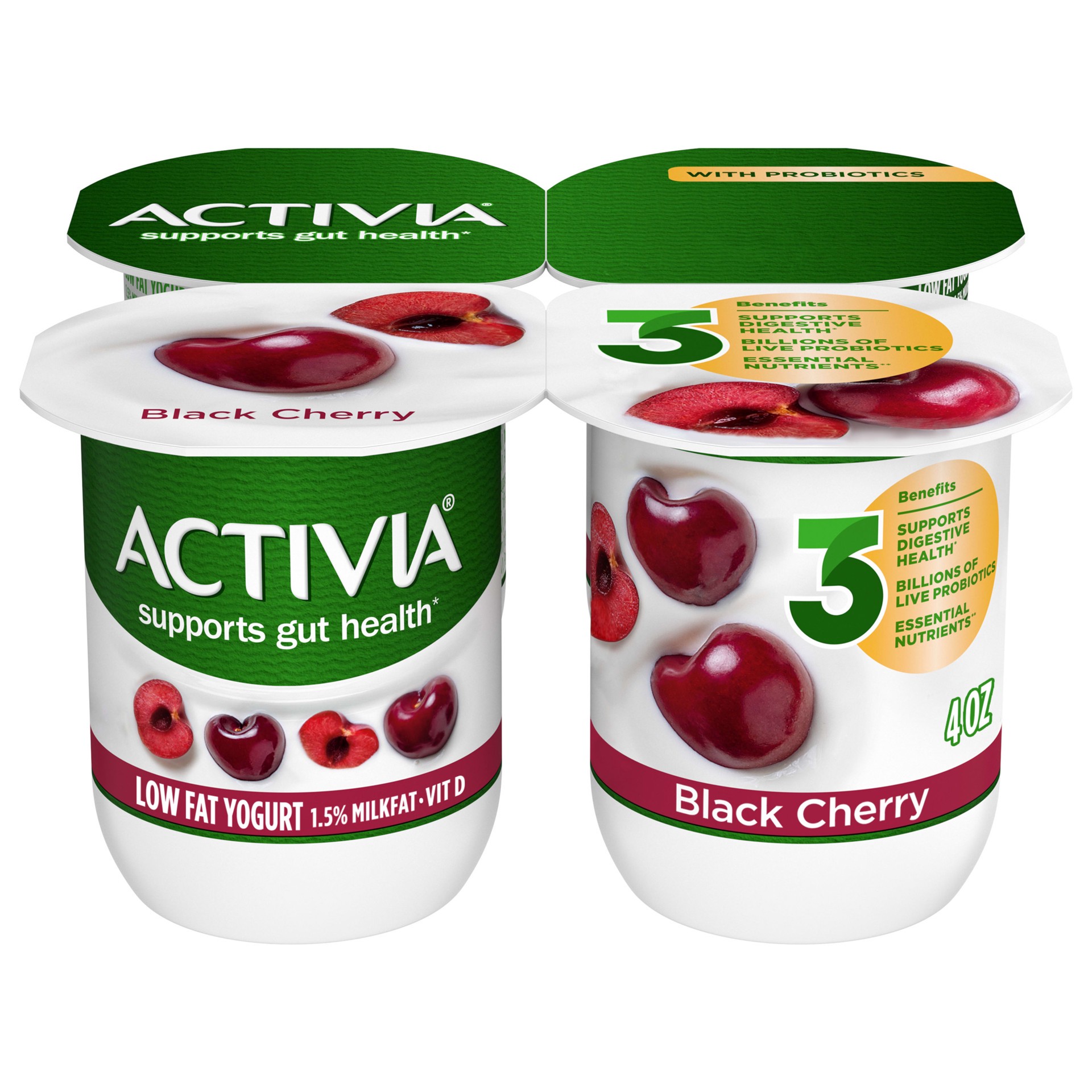 slide 1 of 4, Activia Black Cherry Probiotic Yogurt, Delicious Lowfat Yogurt Cups to Help Support Gut Health, 4 Ct, 4 OZ, 4 oz