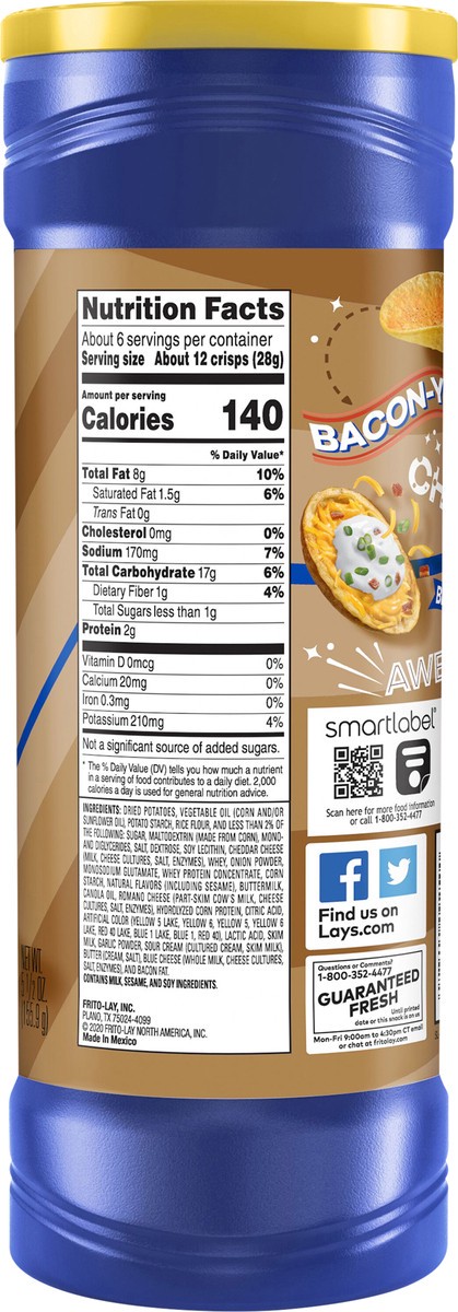 slide 8 of 9, Lay's Stax Potato Crisps Bacon & Cheddar Potato Skins Flavored 5 1/2 Oz, 5.5 oz