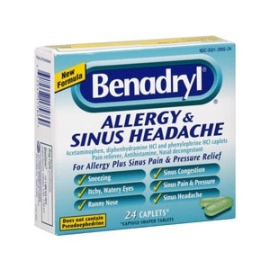 slide 1 of 1, Benadryl Allergy And Sinus Headache Caplets, 24 cups