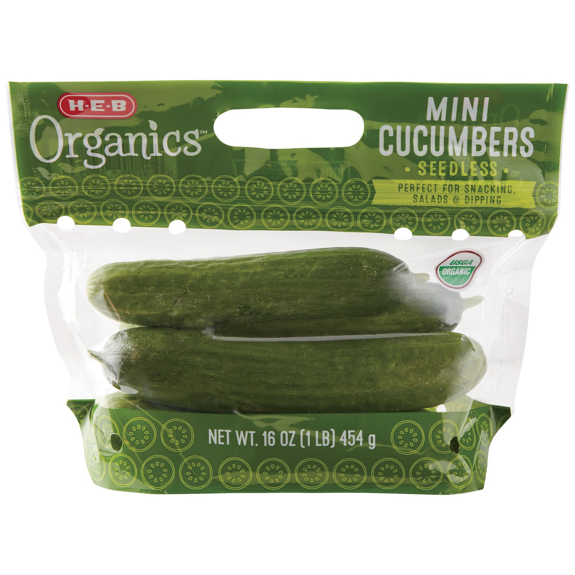 slide 1 of 1, H-E-B Organics Fresh Mini Seedless Cucumbers, 16 oz