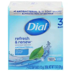 Dial Refresh & Renew Antibacterial Spring Water Scent Deodorant Bar Soap - 3 x 4 oz Bars