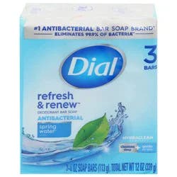 Dial Refresh & Renew Antibacterial Spring Water Scent Deodorant Bar Soap - 3 x 4 oz Bars