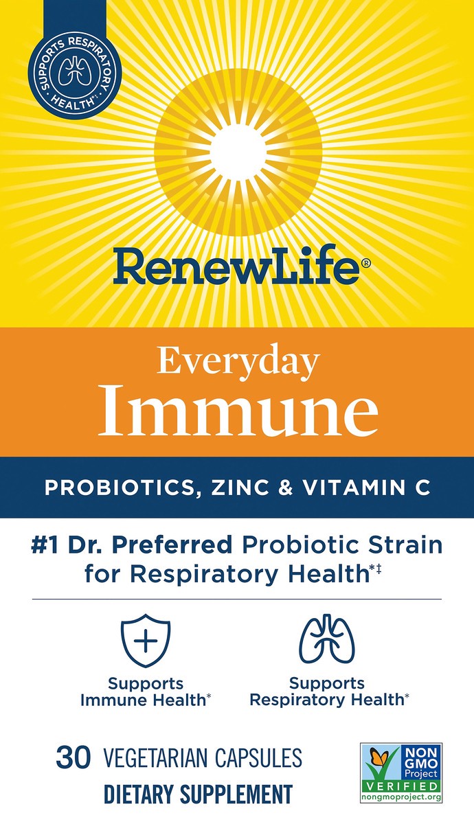 slide 2 of 7, Renew Life Probiotic Everyday Immune Supplement With Zinc and Vitamin C, 30 Vegetarian Capsules, 10 Billion CFU, 30 ct