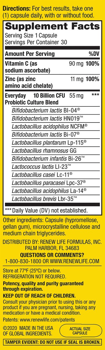 slide 3 of 7, Renew Life Probiotic Everyday Immune Supplement With Zinc and Vitamin C, 30 Vegetarian Capsules, 10 Billion CFU, 30 ct