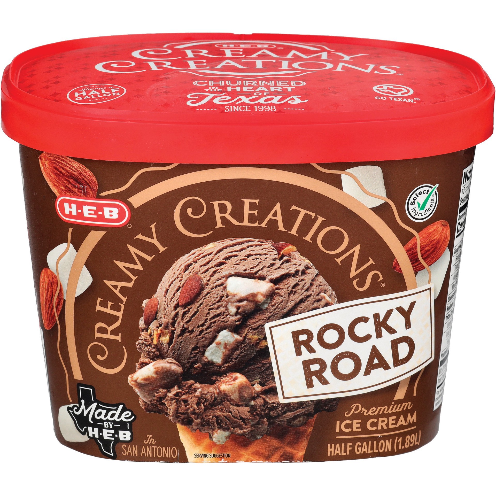 slide 1 of 1, H-E-B Creamy Creations Rocky Road Ice Cream, 64 fl oz