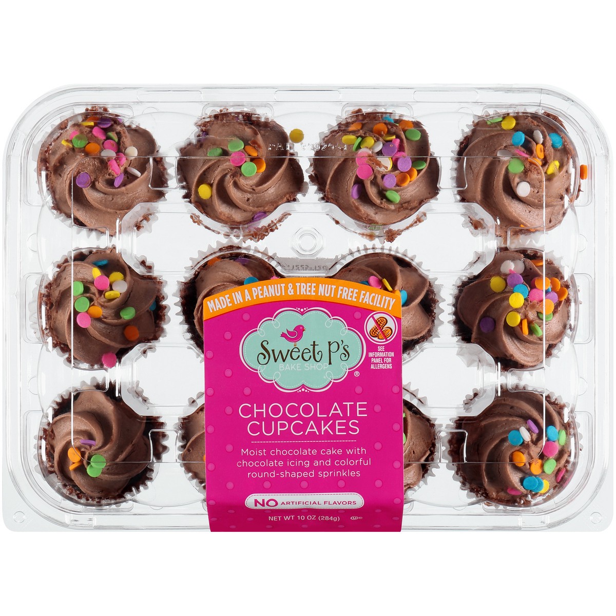 slide 1 of 14, Sweet P's Bake Shop Chocolate Cupcakes With Chocolate Icing And Colorful Round-Shaped Sprinkles, 10 oz